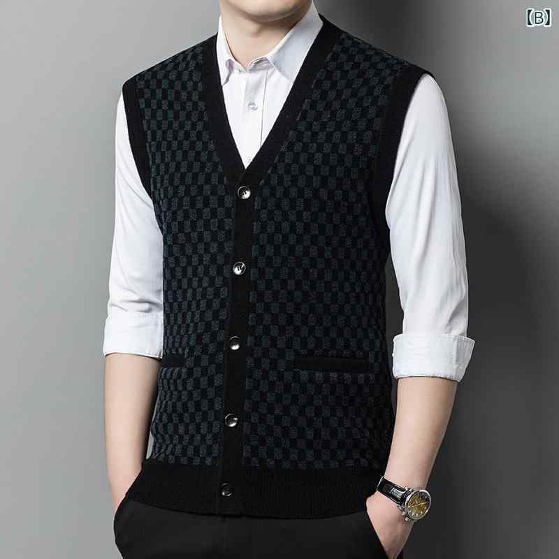 ニット メンズ Vネック ニットベスト カーディガン ビジネス 紳士 男性用 提花柄 ポリエステル混紡 ノースリーブ レトロ ミドルエイジ 秋
