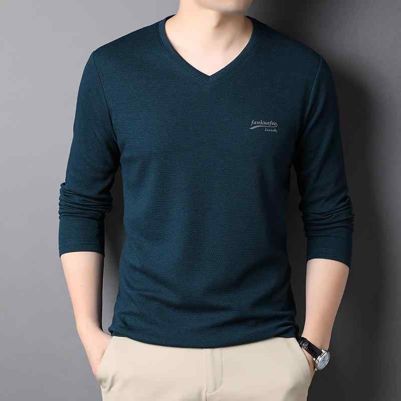 Tシャツ メンズ Vネック 長袖 コットン混紡 薄手 カットソー インナー トップス 無地 秋 普段使い 霧藍 咖色 豆緑 墨緑 皮粉 黒灰 深藍 深緑
