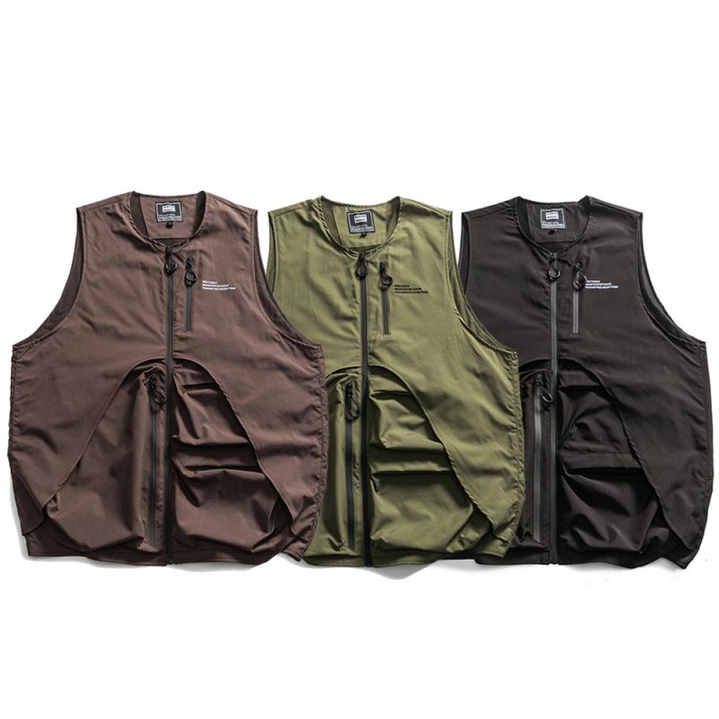 ベスト 男性用 ワーク ユーティリティ ミリタリー 多ポケット Vネック ポリエステル ブラック グリーン コーヒー色 アウトドア キャンプ 春夏