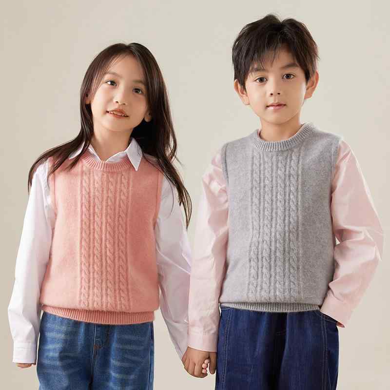 子供用ニットベスト 秋冬 ウール ケーブル編み 丸首 厚手 防寒 ノースリーブ セーター 白 ピンク グレー ベージュ 110cm 120cm 130cm 140cm 150cm