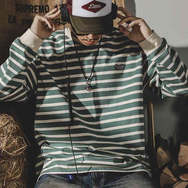 Knit Sweater - Tシャツ メンズ 長袖 コットン混紡 ボーダー柄 ラウンドネック ドロップショルダー ゆったり 薄手 スポーツウェア 普段使い 緑 白 黒