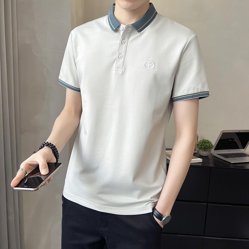 Tシャツ メンズ 半袖ポロシャツ コットン 接触冷感 無地 スリムタイプ 配色 夏 ブラック ホワイト ベージュ コーヒー色(4)