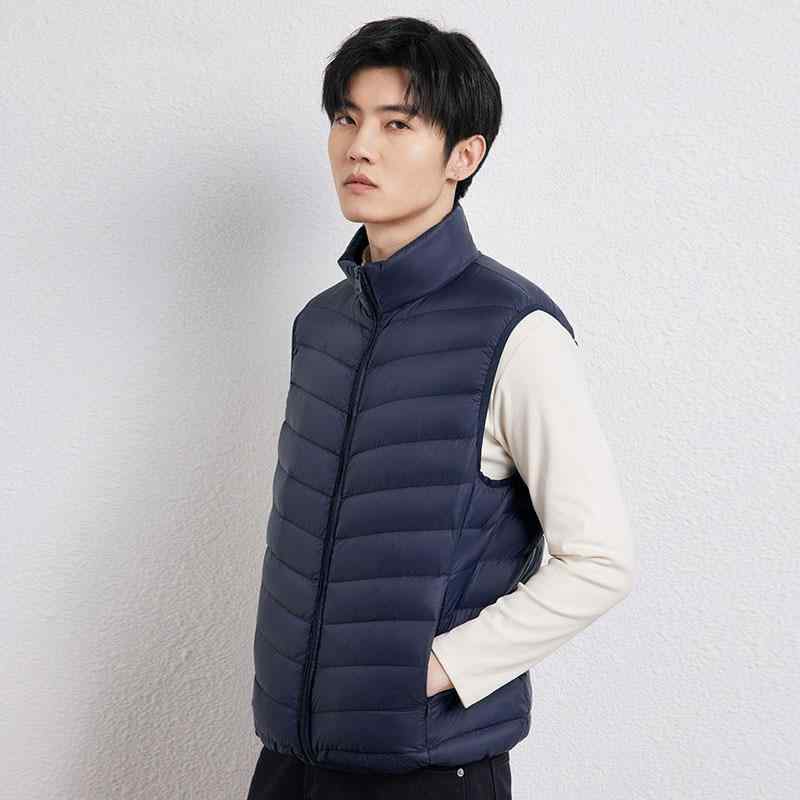 Knit Sweater - ダウンベスト 男性用 ライトダウン フェザー 立襟 ポリエステル 防寒 撥水 薄手 ブラック グレー ブルー ネイビー グリーン ベージュ 秋冬(x2)