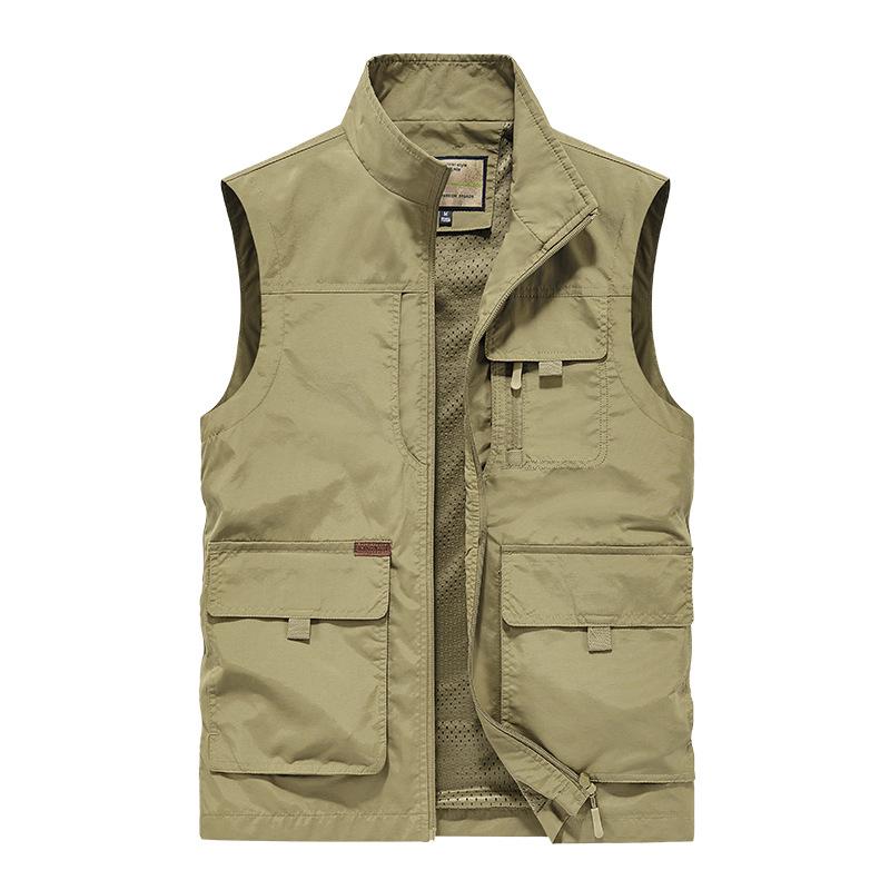 ベスト 男性用 ワーク 薄手 速乾 多ポケット ゆったり 大きめサイズ 春秋 紳士 トップス スタンドカラ..