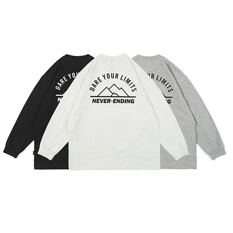 Rakuten - Tシャツ メンズ 長袖 山系 プリント トップス コットン クルーネック カットソー カジュアル 普段使い リラックス ルーズ 春秋 白 グレー 黒