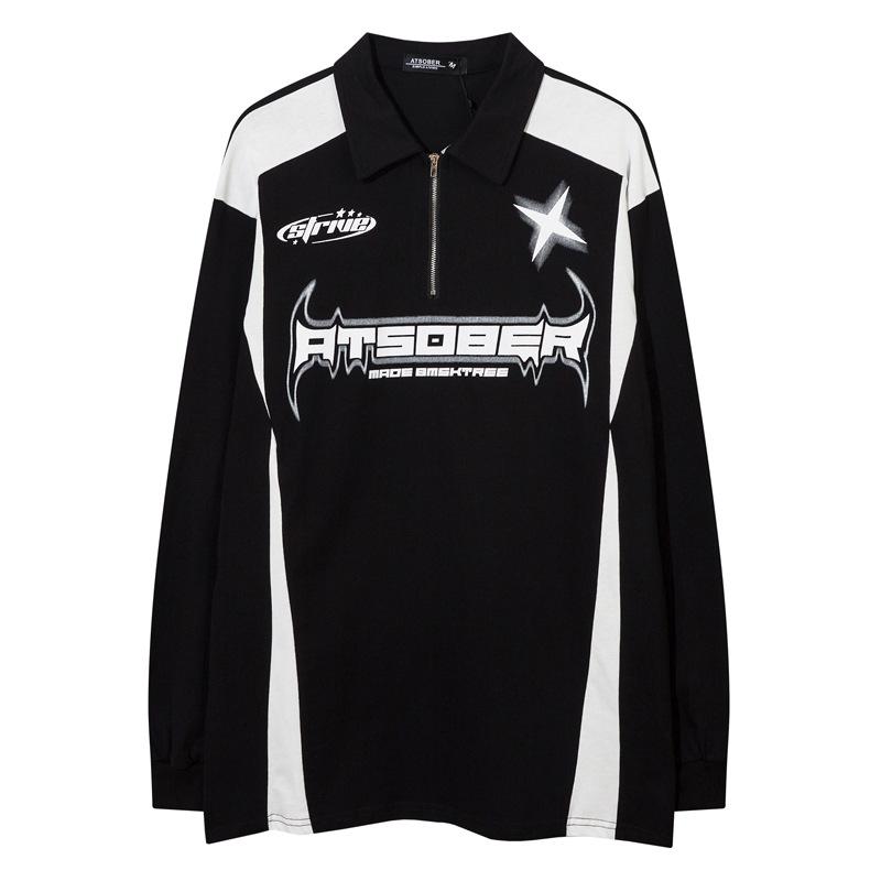 Tシャツ メンズ ストリート ヒップホップ 切り替え 配色 長袖 コットン混紡 ルーズ 翻 Collar 秋