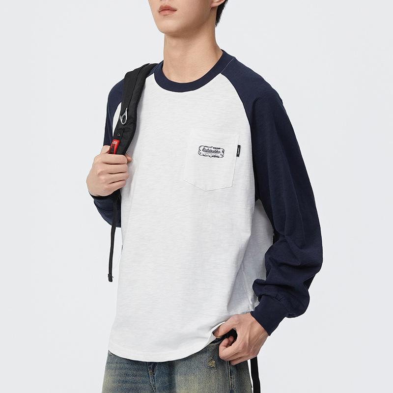 Tシャツ メンズ 男性用 長袖 秋物 ラウンドネック 配色 切り替え コットン混紡 美式復古 スタイル 普段使い トップス