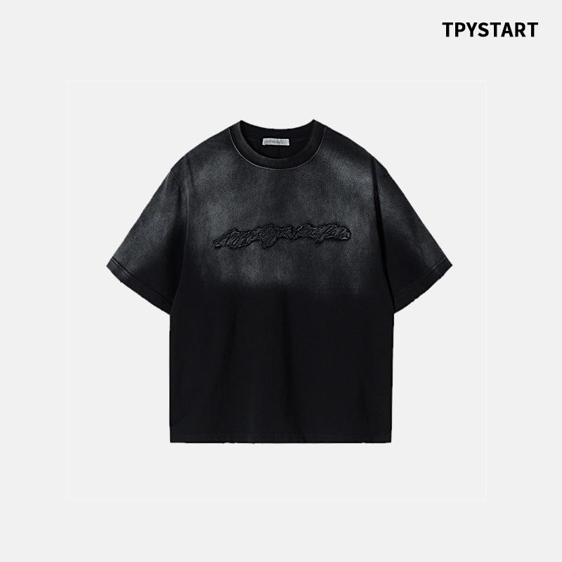 Tシャツ メンズ 男性用 半袖 300g コットン 刺繍 クルーネック ドロップショルダー ゆったり 薄手 カジュアル 黒 ブラック 紫 パープル