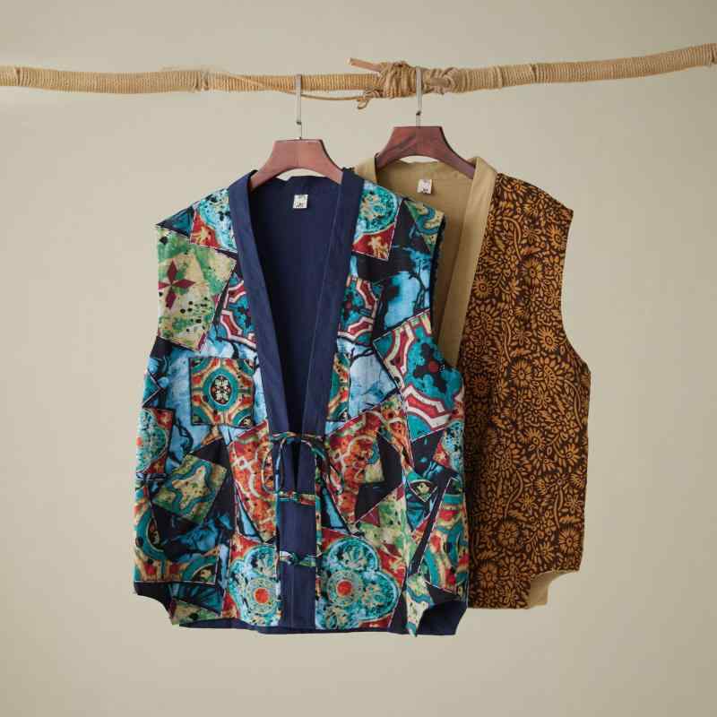 ベスト 男性用 綿麻プリント柄リバーシブル 和風スタイル カジュアル ノースリーブトップス 普段使い レトロ花柄 南瓜色