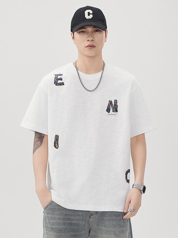 毛衣 - Tシャツ メンズ 男性用 半袖 コットン プリント柄 ゆったり ラウンドネック トップス 普段使い 薄手 ホワイト