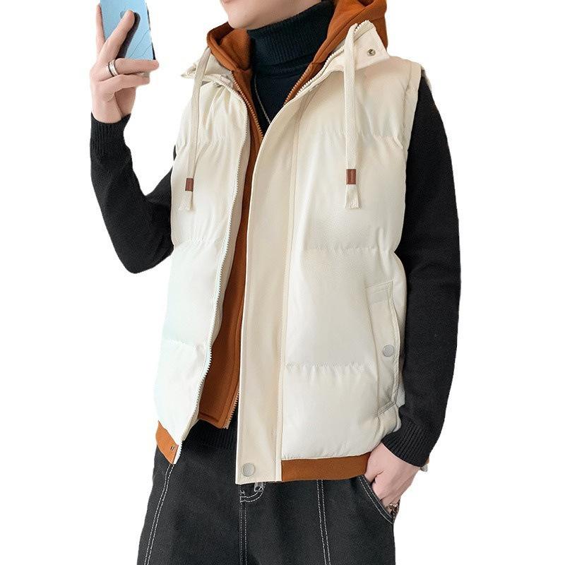 ベスト 男性用 石墨烯 ポリエステル 中綿 フード付き 切り替え 宽松 あったか 秋冬 ブラック ベージュ系