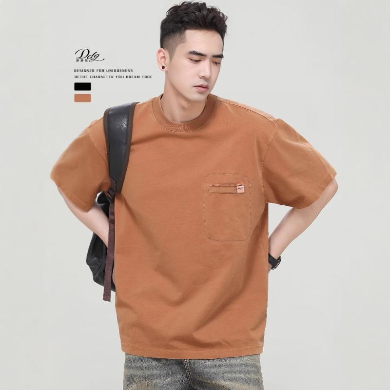Tシャツ メンズ 半袖 コットン クルーネック 無地 ゆったり トップス ポケット 丹砂オレンジ ブラック 春夏