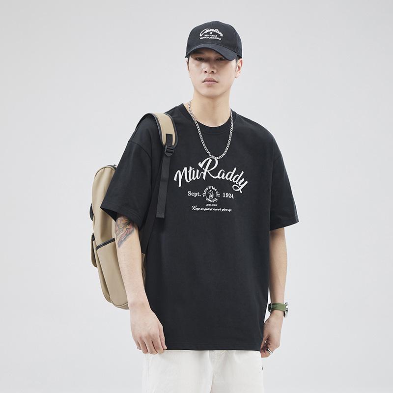 Tシャツ メンズ 男性用 刺繍 コットン 半袖 トップス カットソー クルーネック スリム 薄手 ブラック M..