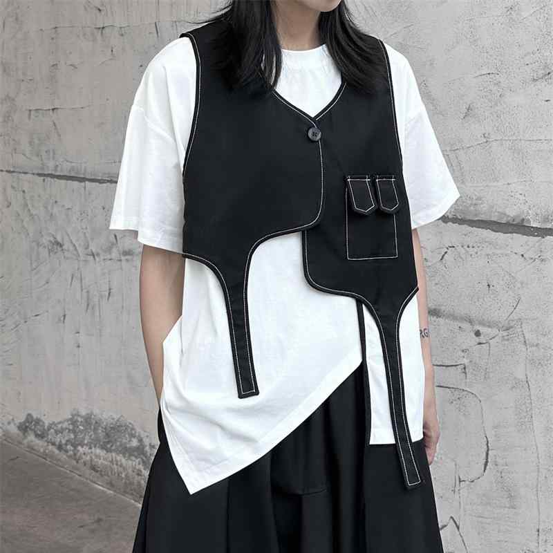 ベスト レディース メンズ 春夏 薄手 アシンメトリー Vネック コットン 韓国 ブラック