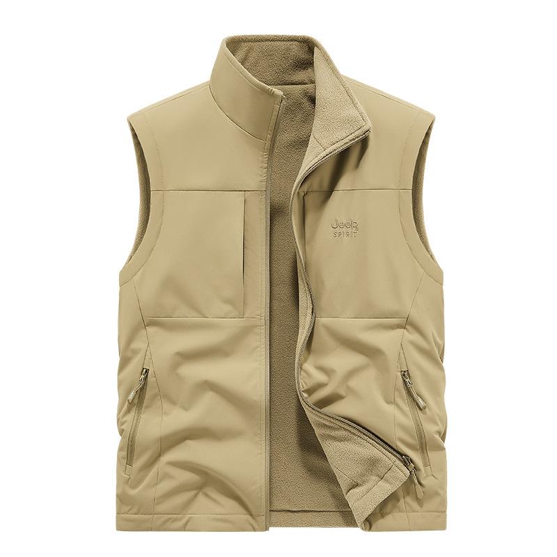Knit Sweater - ベスト メンズ 男性用 アウトドア スポーツ 登山 チョッキ 無地 スタンドカラー カーキ 緑 紺色 黒 グレー ポリエステル