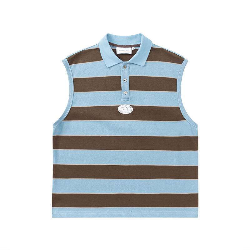 タンクトップ メンズ レディース レトロ ストライプ柄 Polo襟 ノースリーブ Street Fashion ベスト チョッキ 綿 ルーズフィット 夏 ブルー ブラウン