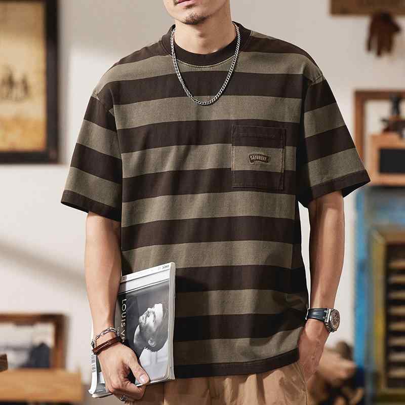 Rakuten - Tシャツ メンズ 大きいサイズ ゆったり コットン ストライプ柄 半袖 薄手 トップス 普段使い 部屋着 宝藍色