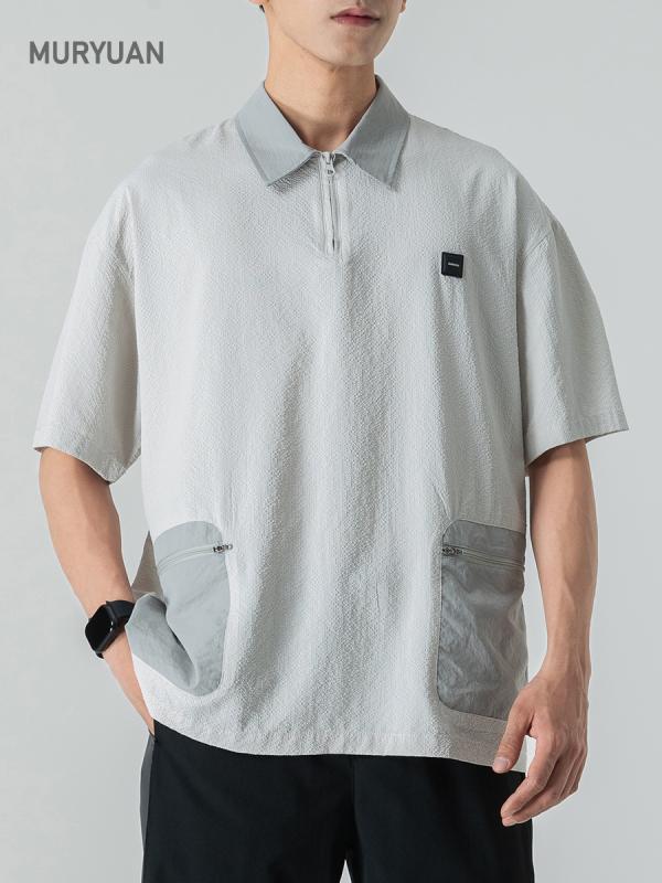 Tシャツ メンズ 男性用 半袖 ポリエステル トップス 速乾 接触冷感 涼しい 襟付き ドロップショルダー ゆったり オーバーサイズ カジュアル スポーティ ミリタリー ストリート オフホワイト ブラック ベージュ