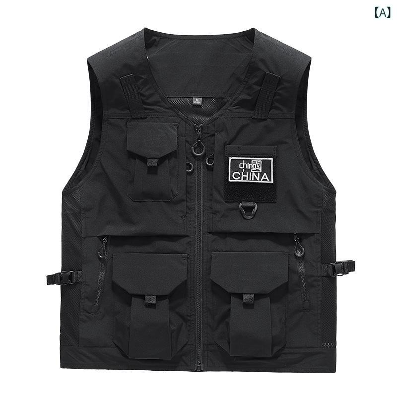 ベスト 男性用 アウトドア 多ポケット 迷彩柄 作業着 薄手 フィッシング 釣り 登山 キャンプ ミリタリー ブラック カーキ グリーン