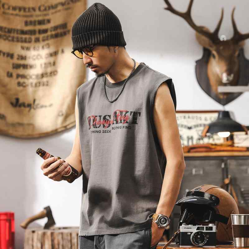Rakuten - Tシャツ メンズ 男性用 ノースリーブ トップス コットン 字母 プリント 薄手 スポーツ 運動着 部屋着 ルーズ ゆったり 大きいサイズ 水色 グレー ブラック