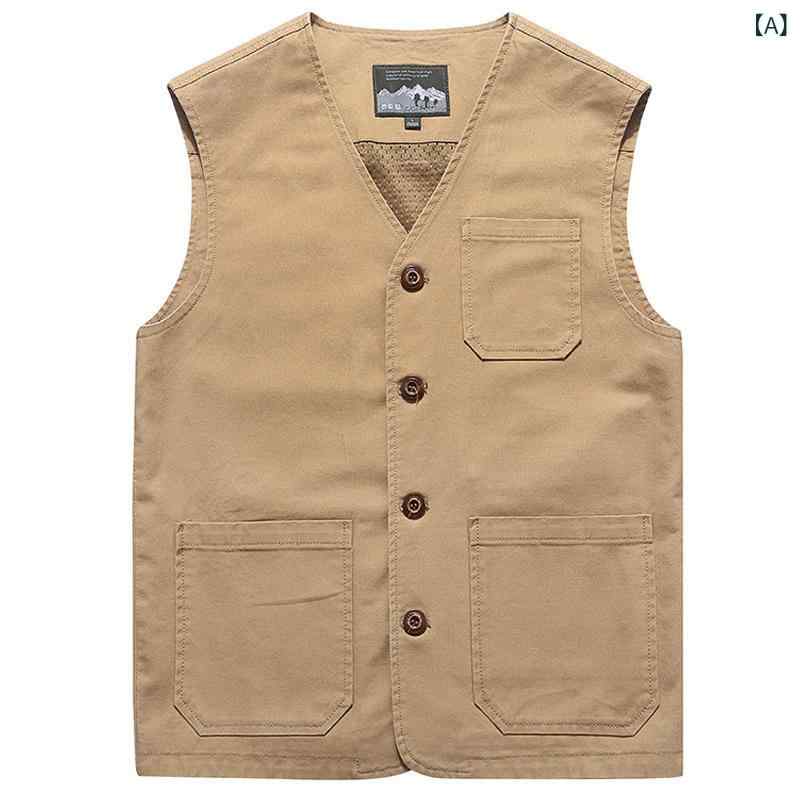 ベスト 男性用 シニア ジレ カジュアル ゆったり Vネック コットン ポケット付き カーキ アーミーグリーン オフホワイト ロイヤルブルー