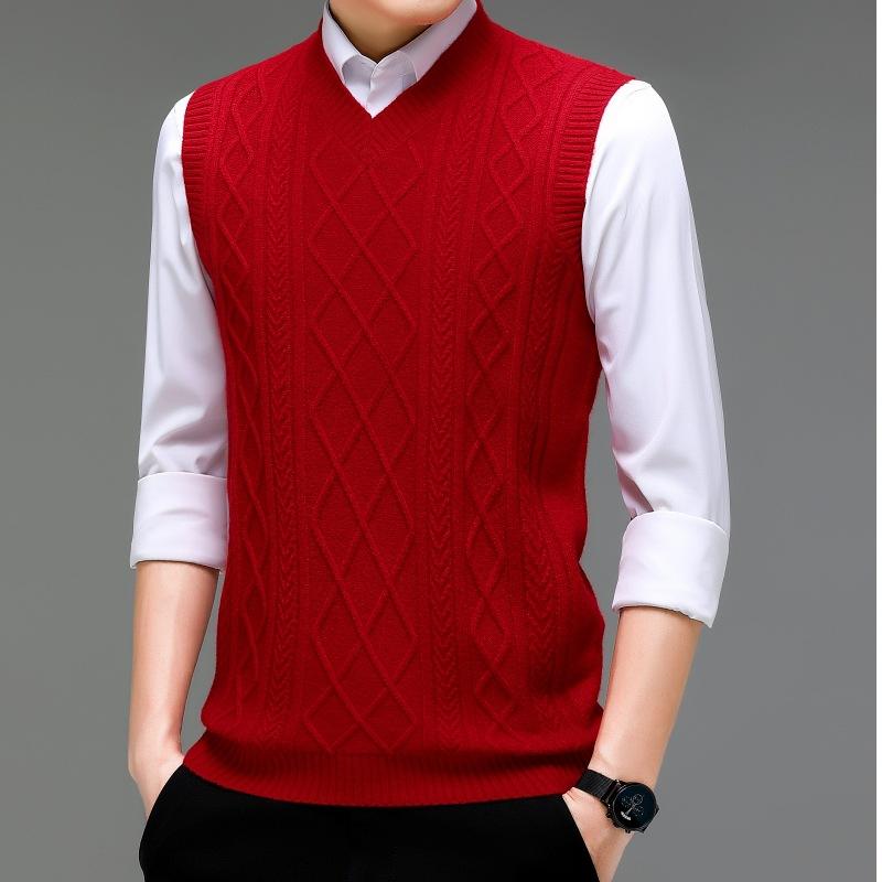 Knit Sweater - ニット メンズ ベスト Vネック ウール セーター 厚手 秋冬 ストライプ 杢調 伸縮性 カジュアル 普段使い(x2)