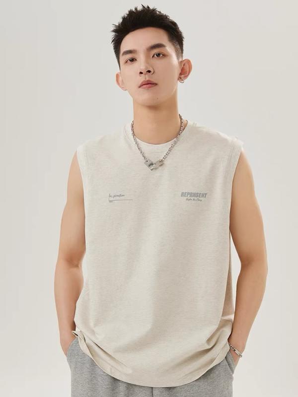 タンクトップ メンズ 男性用 コットン 綿 ノースリーブ Tシャツ プリント 薄手 杏色 ブラック 黒 グレー グレー カフェ 普段使い 部屋着 リラックス スポーツ 運動 筋トレ