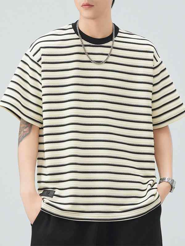 Tシャツ メンズ ストライプ 半袖Tシャツ ドロップショルダー ゆったり ラウンドネック カットソー トップス リラックス カジュアル スタイル ポリエステル レトロ 古着風