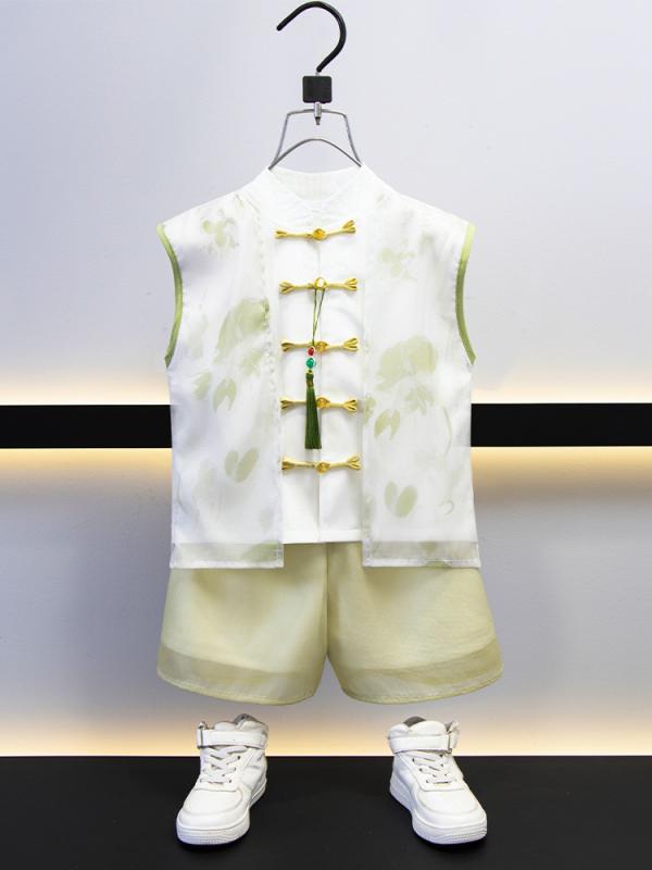 キッズ タンクトップ 和風セットアップ 夏 薄手 子供 唐装 漢服 上下セット 花柄 グリーン 90cm 100cm ..