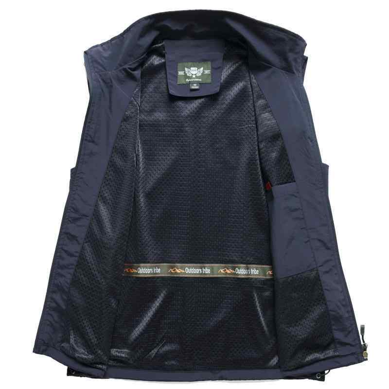 ベスト 男性用 ワークベスト 作業着 アウトドア 大容量 多ポケット 立ち襟 ポリエステル 無地 黒 紺 カーキ 緑(x2)