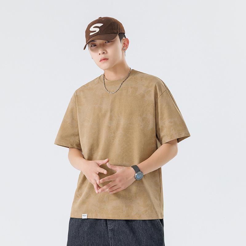 Tシャツ メンズ 男性用 絞り染め トップス 半袖 コットン混紡 ゆったり ラウンドネック カットソー ミディアム丈 通気性 吸湿速乾 ミディアムグレー ベージュ ブラウン 春夏(4.0)