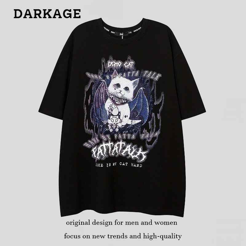 Tシャツ メンズ レディース 半袖 綿 猫 プリント ストリート クルーネック ドロップショルダー ブラック ホワイト