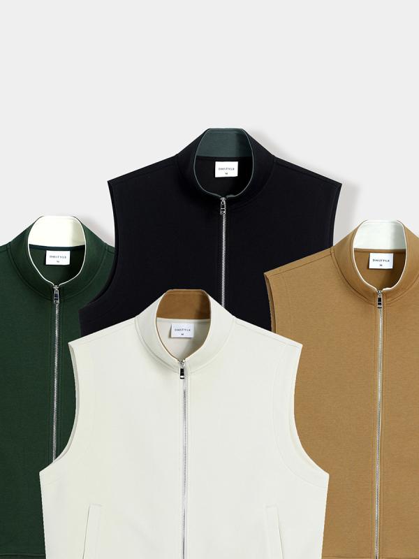 ベスト 男性用 春秋 3シーズン スポーツ カジュアル 無地 スタンドカラー ジップアップ コットン混紡 ゆったり リブ裾 サンドベージュ カーキ モスグリーン ブラック