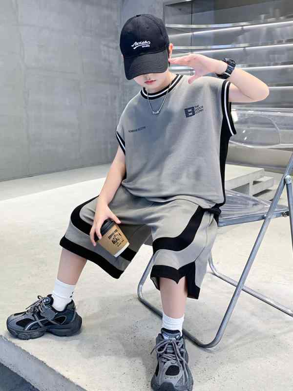 子供用セットアップ キッズ 男の子 無袖 Tシャツ 短パン 上下 2点セット 夏 普段着 部屋着 綿 120cm 130cm 140cm 150cm 160cm 170cm 紺色 グレー