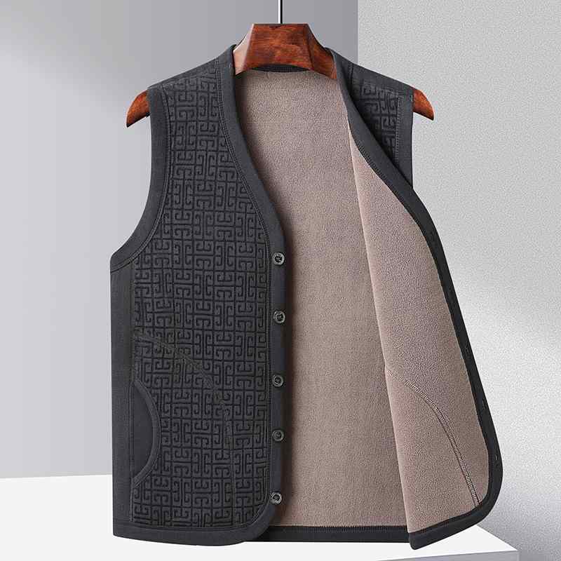 Knit Sweater - ベスト 男性用 中綿 あったか シニア Vネック フロントボタン 留め チョッキ 普段使い 秋冬 深グレー