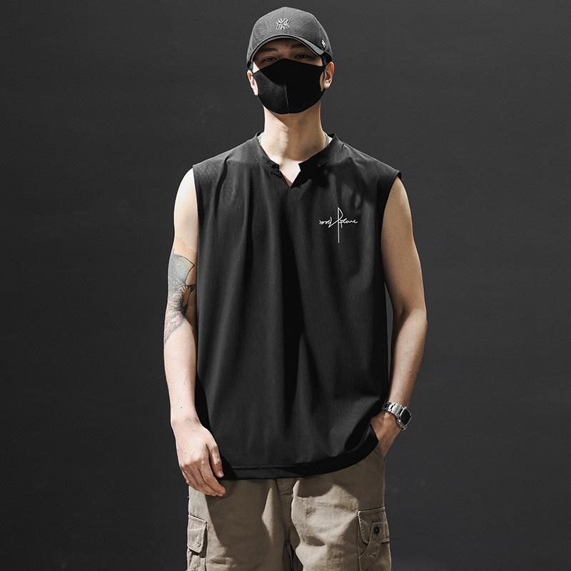 タンクトップ メンズ 男性用 Vネック ノースリーブ Tシャツ 接触冷感 薄手 ゆったりサイズ 浅グレー ブラック 黒 姜黄色 深グレー 運動 スポーツ 普段使い