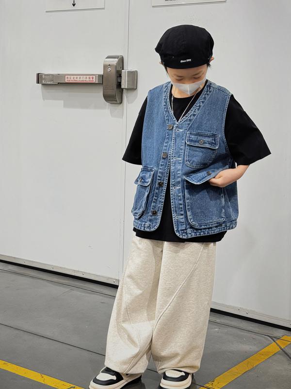 キッズ デニムベスト 男の子 春秋 薄手 韓国 子供服 アウター ジレ ボーイズ トップス カウボーイ 普段着 おしゃれ ブルー