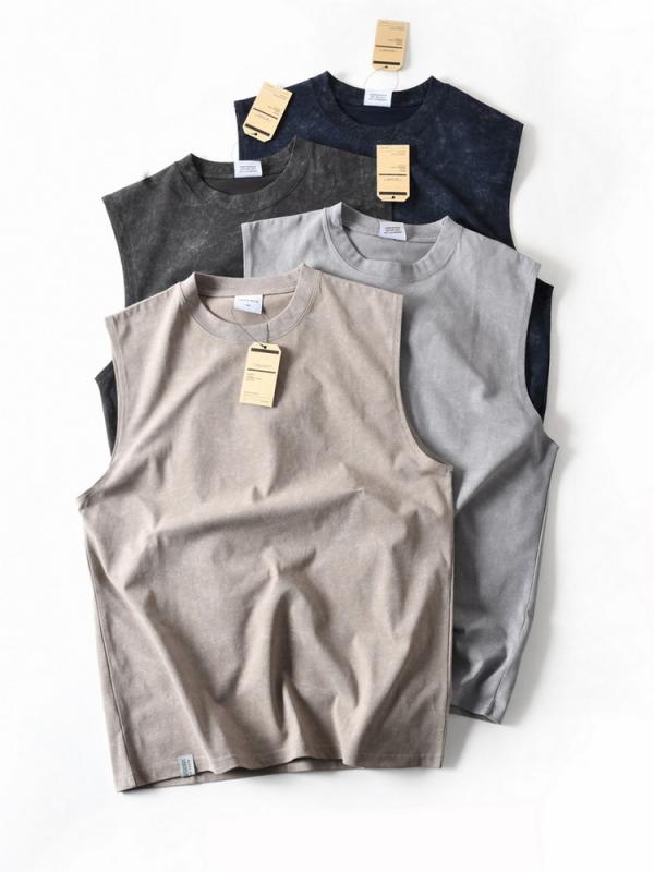 タンクトップ メンズ 男性用 絞り染め ヘビーウェイト ウォッシュ加工 コットン ノースリーブ Tシャツ ゆったり ラウンドネック ダスティピンク ライトグレー ダークグレー インディゴブルー(x2)