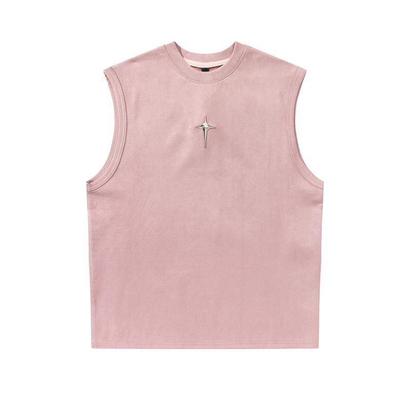 Other - Tシャツ メンズ 男性用 スエード ノースリーブ ピンク系 トップス カットソー ゆったり 薄手 十字架 ワンポイント 刺繍 アメカジ カジュアル