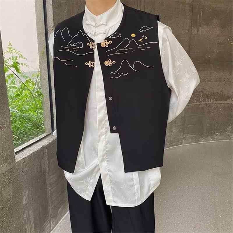 Other - ベスト 男性用 国潮 刺繍 チョッキ レトロ 禅意 金属ボタン おしゃれ トップス 春物 ブラック コーデュロイ ポリエステル