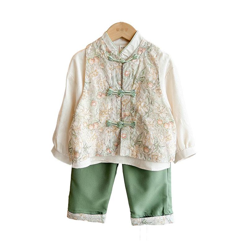 Other - 子供用ベスト 男の子 春秋 花柄 コットン 中華風 ジャケット ノースリーブ トップス 裏地付き 普段使い 青緑 90 100 110 120 130 140 150