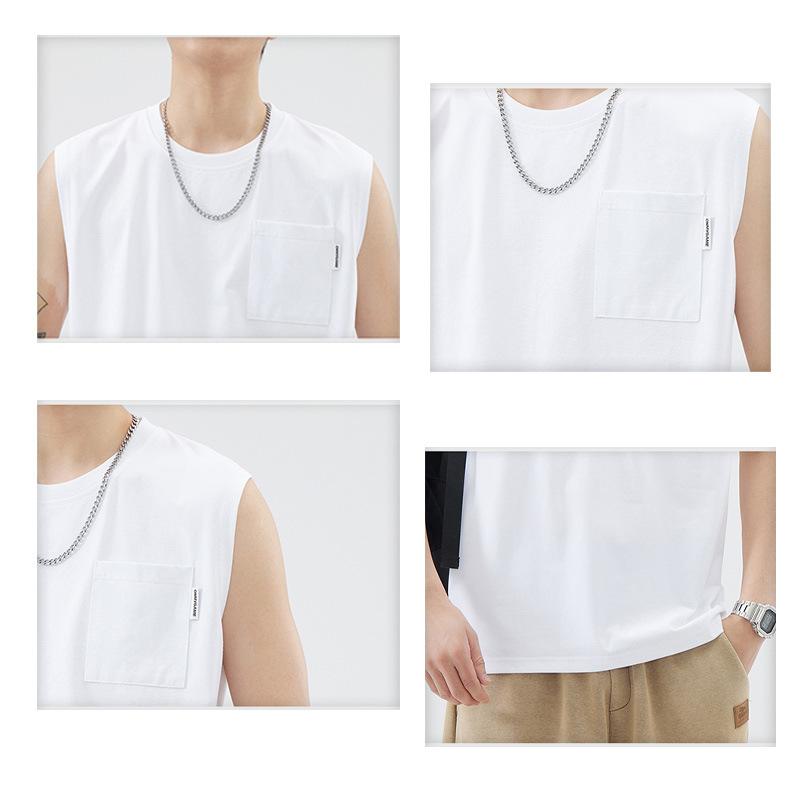 Tシャツ メンズ 男性用 ノースリーブ コットン混紡 無地 薄手 ラウンドネック 杏色 ブラック ホワイト ポケット