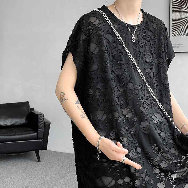 Tシャツ メンズ ノースリーブ ダメージ加工 タンクトップ グランジ クラッシュ加工 肩パッド ポリエステル ブラック グレー ホワイト カットソー トップス
