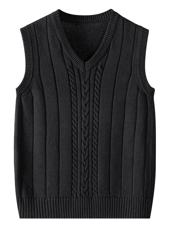 ニット メンズ コットン Vネック プルオーバー 無地 春秋 ベスト 若者 男性用 トップス ブラック