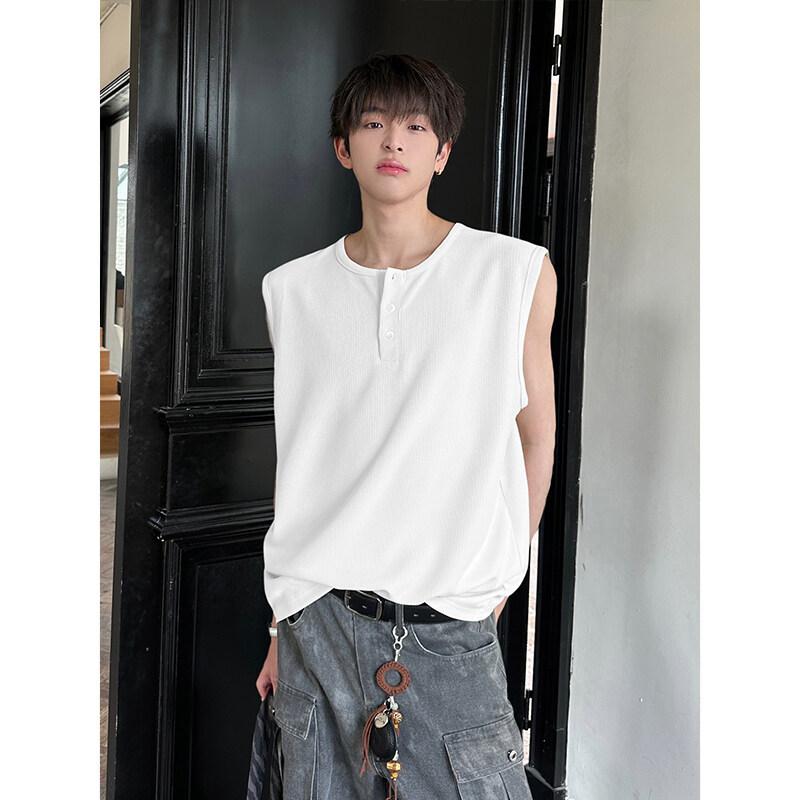 Tシャツ 男性用 タンクトップ アメリカン レトロ ヘンリーネック ノースリーブ ゆったり 普段使い 軍緑 白 黒 グレー