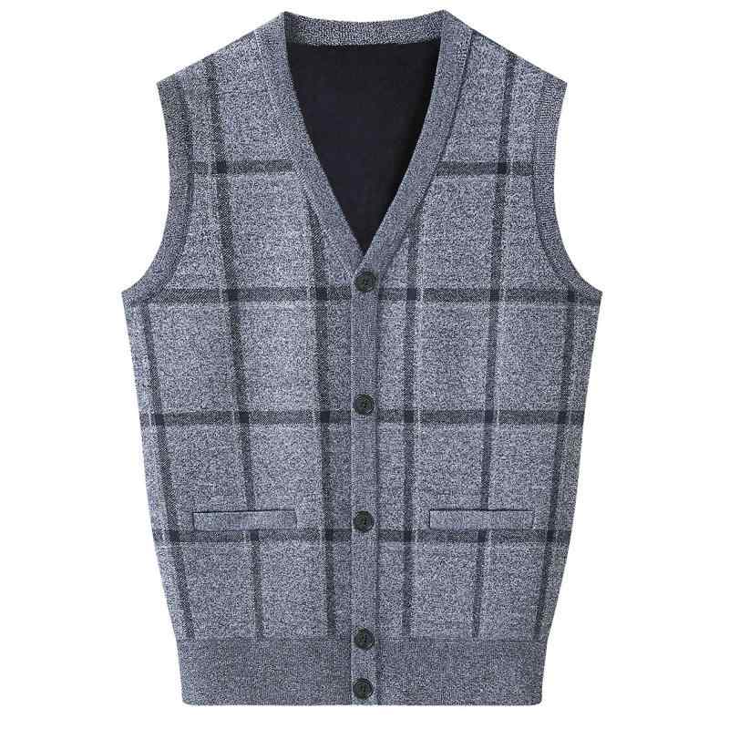 Knit Sweater - ニットベスト 男性用 Vネック 裏起毛 父親 大きいサイズ ゆったり 冬 格子柄 コットン混紡 普段使い 部屋着 あったか 防寒 グレー ダークグレー ワインレッド ベージュ