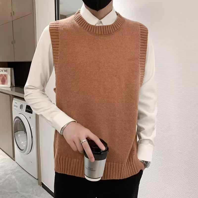 ニット メンズ ニットベスト 秋冬 レトロ 無地 丸首 プルオーバー セーター ベスト 男性用 普段使い 通勤着 部屋着 ブラック系 グリーン系 ブラウン系