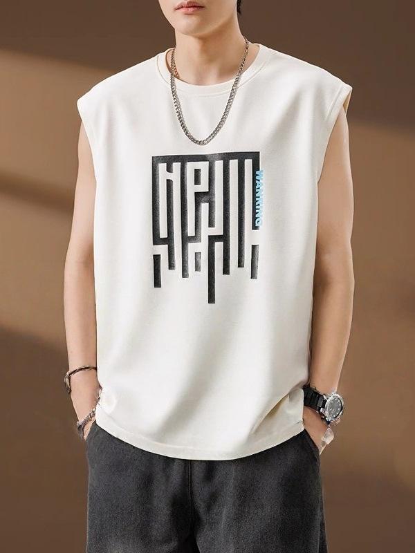 タンクトップ 男性用 大きいサイズ ゆったり プリント ノースリーブ スポーツ ウェア グレー ブラック ホワイト カーキ ポリエステル 春夏