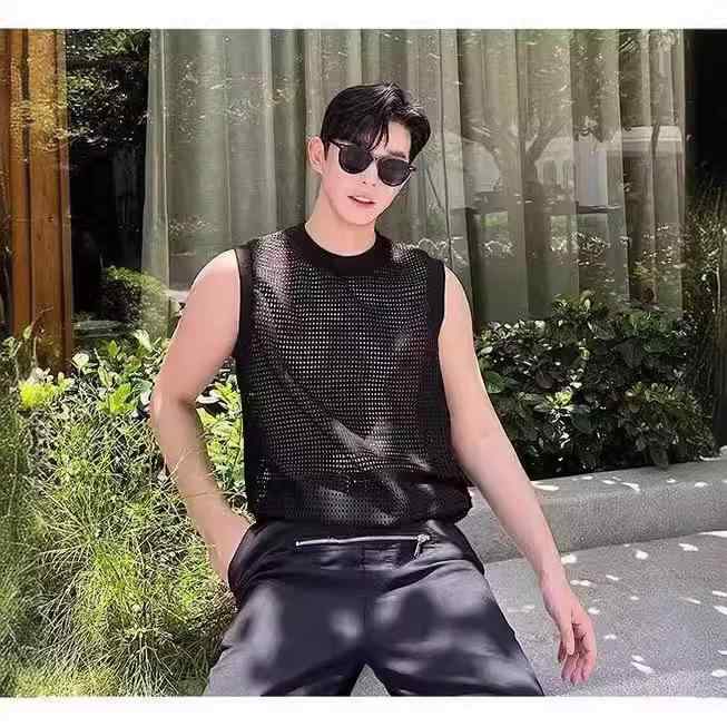 タンクトップ メンズ 韓国 シースルー ニット ベスト プルオーバー トップス 無地 ポリエステル 夏 ホワイト ブラック