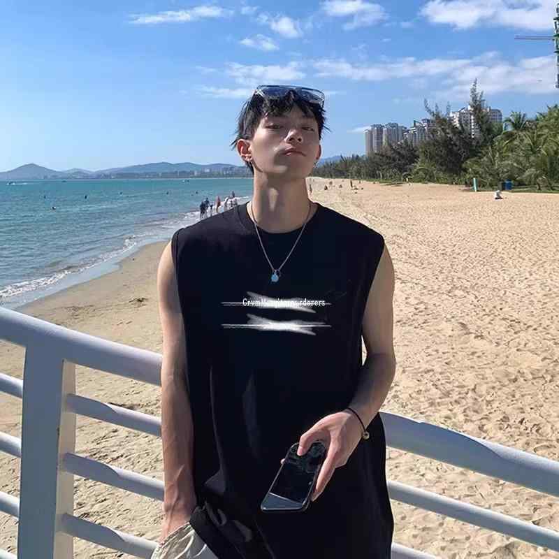 タンクトップ メンズ ポリエステル バスケ スポーツ トレーニング 高 Street アルファベット柄 プリント ルーズ 白 黒(4)